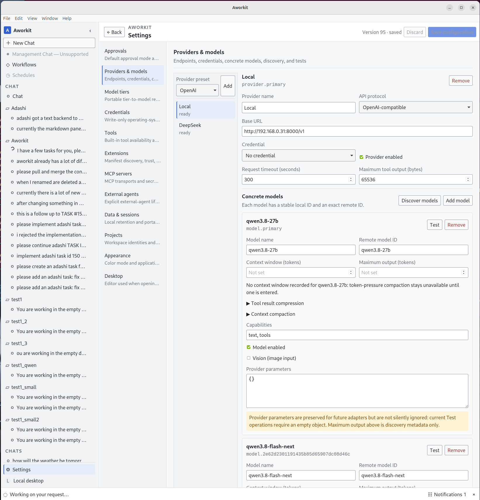 Aworkit settings page for providers and models with endpoints, credentials, concrete models and model tiers