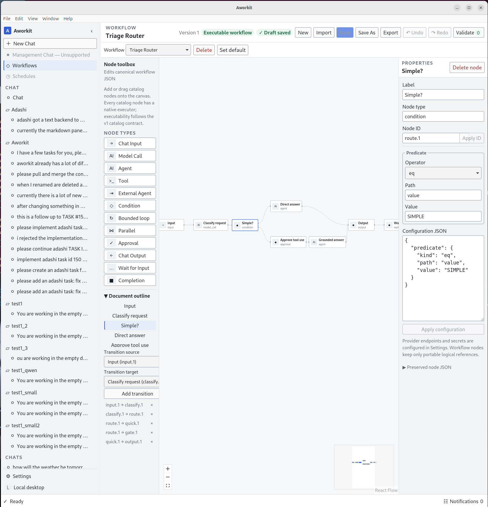 Workflow editor showing a Triage Router workflow that classifies a request and branches through an approval gate