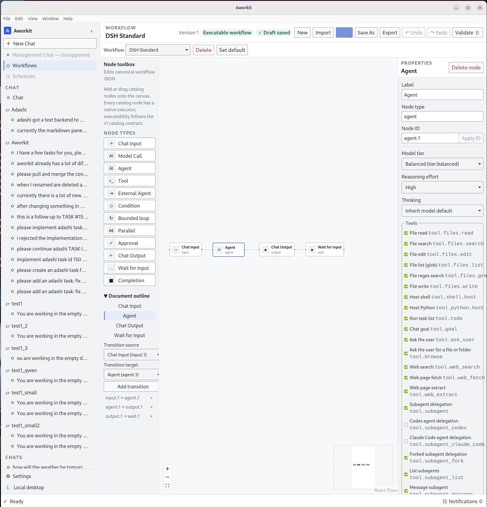 Workflow editor showing a linear agent workflow: Chat Input, Agent, Chat Output, Wait for Input